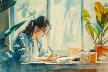 Cute painting watercolor of woman write a book.の素材
