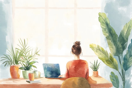Cute painting watercolor of woman working with laptop in cozy room.の素材