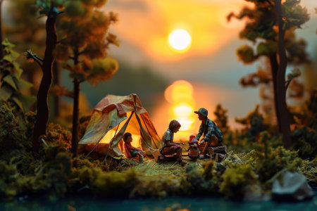 Cute painting watercolor of family camping in nature.の素材