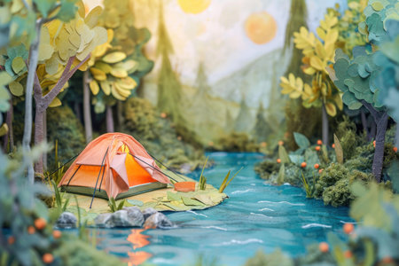 Cute painting watercolor of family camping in nature.の素材