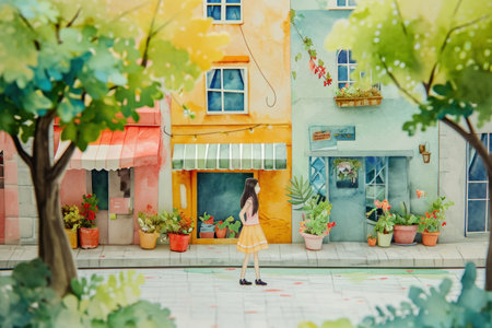 Cute watercolor painting of woman shopping in town.の素材