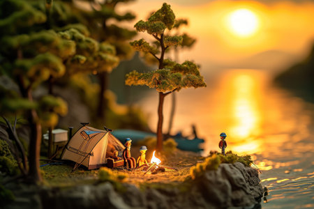 Cute painting watercolor of family camping in nature.の素材