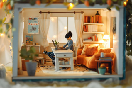 Cute painting watercolor of woman working with laptop in cozy room.の素材