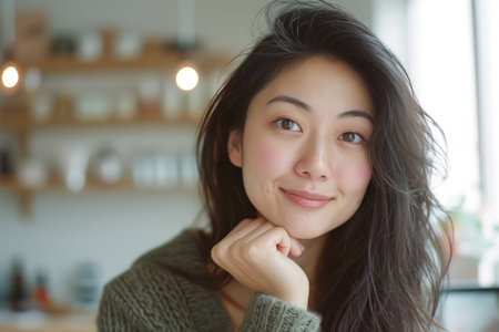 Protrait of beautiful young asian woman show clear skin presenter skincare model.の素材