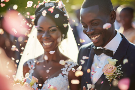 Protrait of beautiful happy bride with flower petal.の素材
