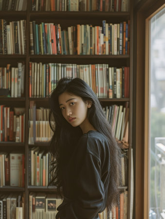 Protrait of young woman stand by bookcase.の素材