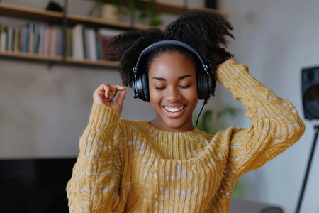 Young woman happy and fun dance in room.の素材