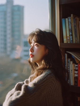 Protrait of young woman stand by bookcase.の素材