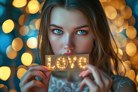 Beautiful woman hold Love card on hand with bokeh background.の素材