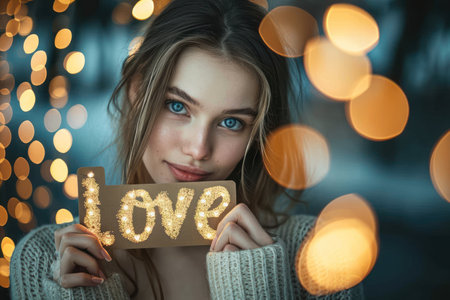 Beautiful woman hold Love card on hand with bokeh background.の素材