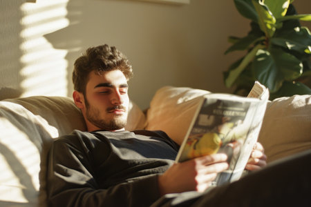Young man reading book magazine on sofa at home.の素材
