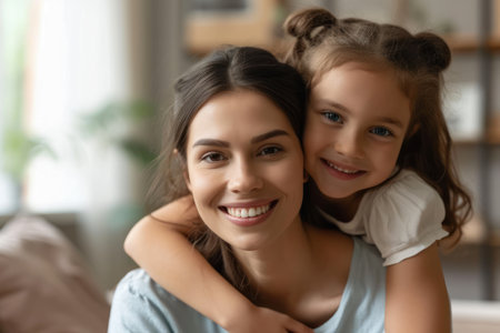 Happy smile mother embracing girl on shoulder at home.の素材