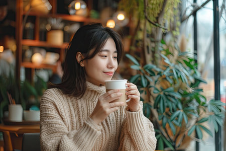 Young woman relaxing drinking coffee in a cafe.の素材