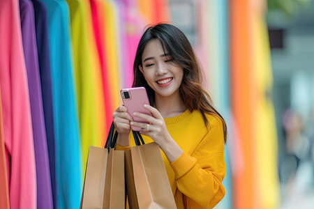 Young woman holding shopping bag while using mobile phone.の素材