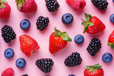 Various of berries on a pastel color background with copy space.の素材