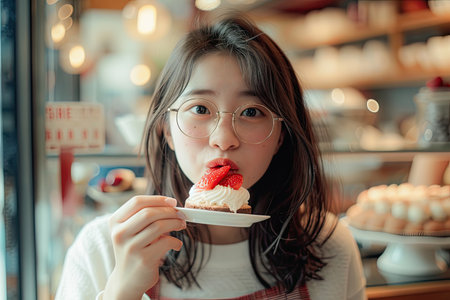 Cute young woman is eating Biscuit Strawberry Shortcake.の素材