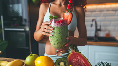 Young sporty woman on a diet made a smoothie in the kitchen.の素材