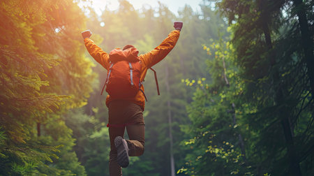 Man rise arms up jumping on the top of the mountain in the forest pathway.の素材