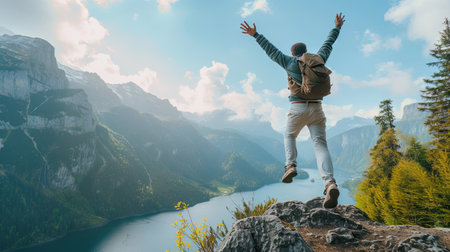 Man rise arms up jumping on the top of the mountain in the forest pathway.の素材