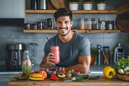 Young sporty man on a diet made a smoothie in the kitchen.の素材