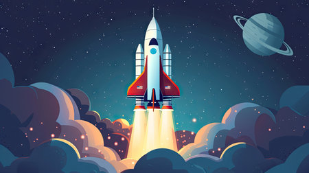 Launch to Space of Spaceship takes off into the night sky.の素材