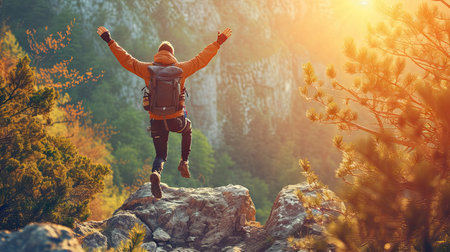 Man rise arms up jumping on the top of the mountain in the forest pathway.の素材