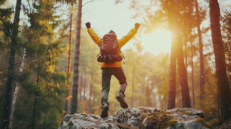 Man rise arms up jumping on the top of the mountain in the forest pathway.の素材