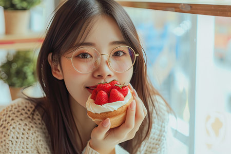 Cute young woman is eating Biscuit Strawberry Shortcake.の素材