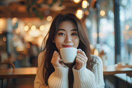 Young woman relaxing drinking coffee in a cafe.の素材