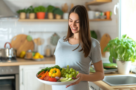 Happy pregnant woman smiling and eating a plate of healthy food.の素材