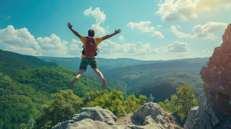 Man rise arms up jumping on the top of the mountain in the forest pathway.の素材