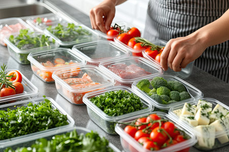 Hand doing meal prep with containers with healthy food for the week.の素材