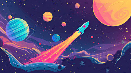 Pastel cute abstract background of galaxy planet and rocket.の素材