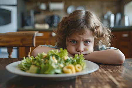 Sad girl boring to eat caesar salad at kitchen table.の素材