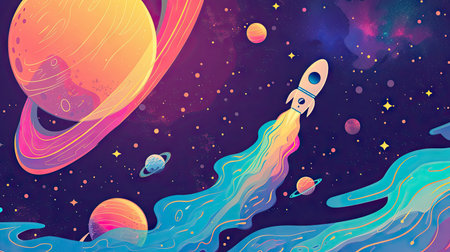 Pastel cute abstract background of galaxy planet and rocket.の素材