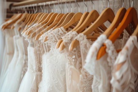Close up Beautiful elegant luxury bridal dress on hangers.の素材