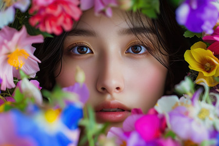 Young girl face surrounded with many colorful flower blooms.の素材