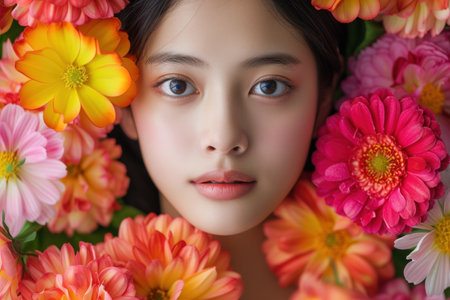 Young girl face surrounded with many colorful flower blooms.の素材