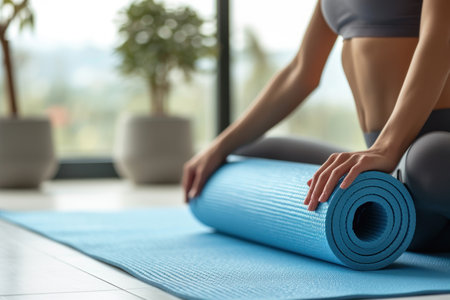Close up of woman roll blue yoga mat.の素材