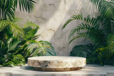3D Podium stand with tropical leaves background.の素材