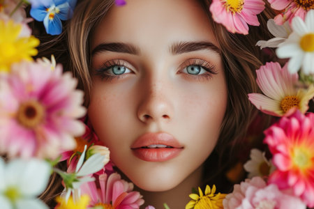 Young girl face surrounded with many colorful flower blooms.の素材