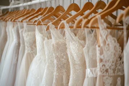 Close up Beautiful elegant luxury bridal dress on hangers.の素材