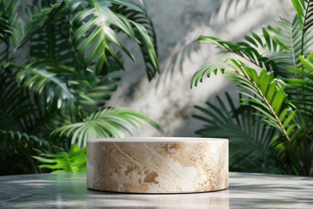 3D Podium stand with tropical leaves background.の素材