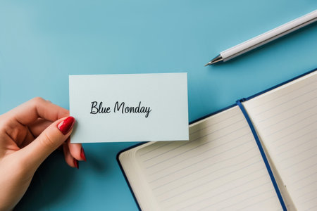 White card with text Blue Monday over blue background.の素材