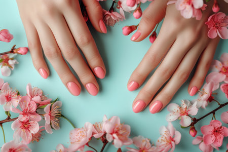 Woman hands with trendy polish manicure on background.の素材
