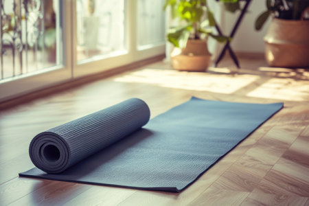Yoga mat laid on the floor Sport fitness concept.の素材