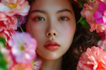 Young girl face surrounded with many colorful flower blooms.の素材