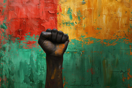 Hand fist over painted red yellow green wall background.の素材
