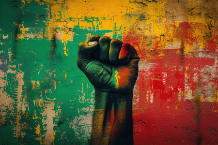 Hand fist over painted red yellow green wall background.の素材