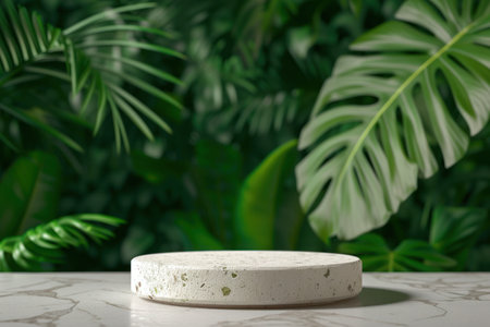 3D Podium stand with tropical leaves background.の素材